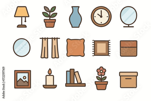 Minimalist home decor icons collection: lamps, plants, clocks, mirrors, and more