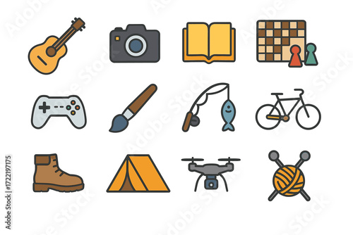 Collection of hobby icons: guitar, camera, book, board game, and more