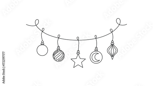  Christmas garland  line art with ornaments and star.