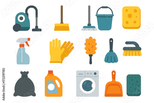 House cleaning essentials: vacuum, mop, broom, gloves, washing machine, detergent, bucket, sponge
