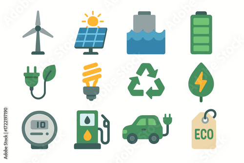 Sustainable energy icons: wind turbine, solar panel, electric car, recycling, eco-friendly symbols
