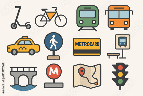 Urban transportation icons: scooter, bicycle, train, bus, taxi, metrocard, map, traffic light