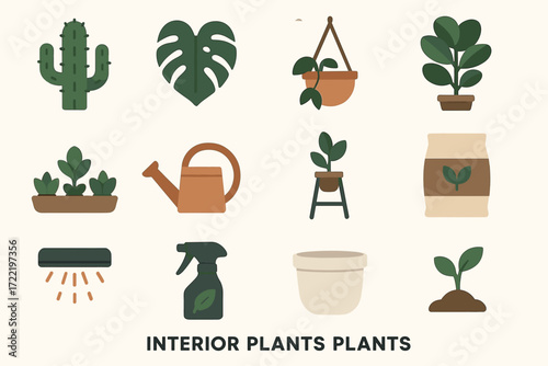 Collection of simple graphic icons of various indoor houseplants and gardening tools