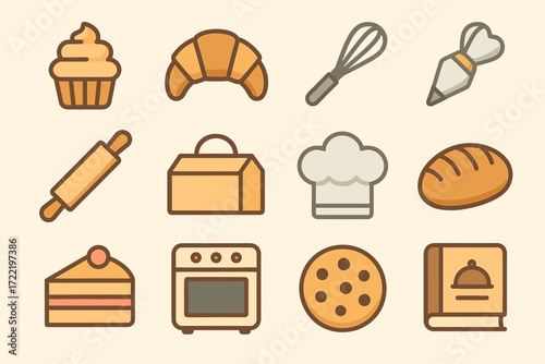Baking tools and bakery items: whisk, rolling pin, cake, bread, oven, croissant, chef hat