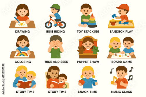 Children engaged in various activities: art, play, and learning
