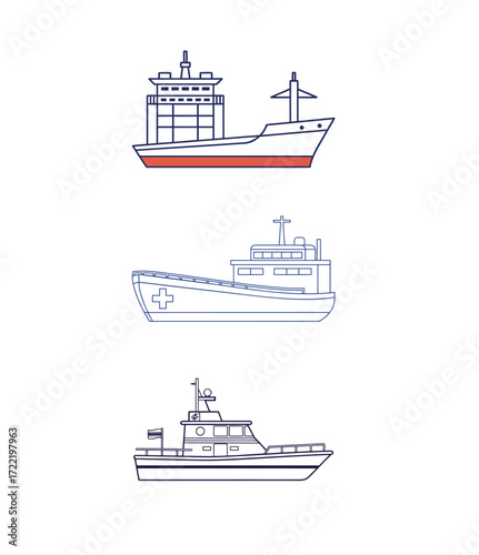 A big vector illustration of a set of passenger and cargo ships traveling the sea