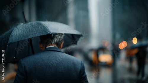 Man walking under umbrella in rainy city street