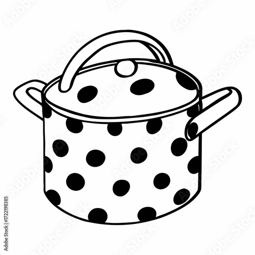 Polka dot cooking pot in black and white line art style  