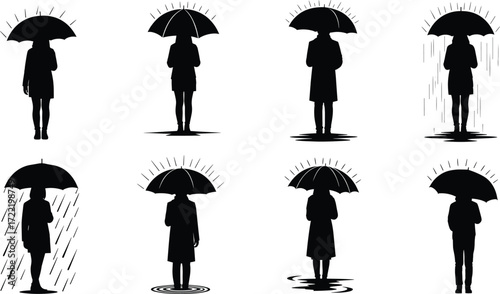 Silhouettes of women with umbrella in various rain scenes, protection, weather, standing, rainy day concept