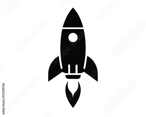 Simple black and white rocket icon launching upwards illustration