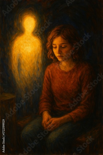 Young woman with glowing spirit figure in symbolic emotional painting style