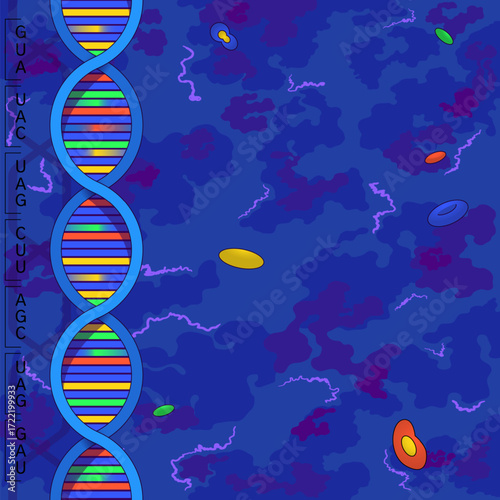 Abstract background with cells, code elements, and the DNA double helix. Science and technology, educational illustration. Vector template for text, images, and printout. Cartoon illustration.