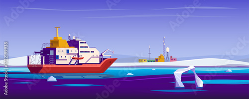 Antarctica, South Pole, polar station. Research ship off the coast of Antarctica, supply and equipment delivery expedition. Southern or Antarctic Ocean, ice, and iceberg. Vector illustration.