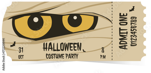 Invitation ticket halloween vector illustration with scary mummy eyes, wrapped bandages, bats and spooky typography, creepy entry pass design for October 31 celebration, festive flyer template