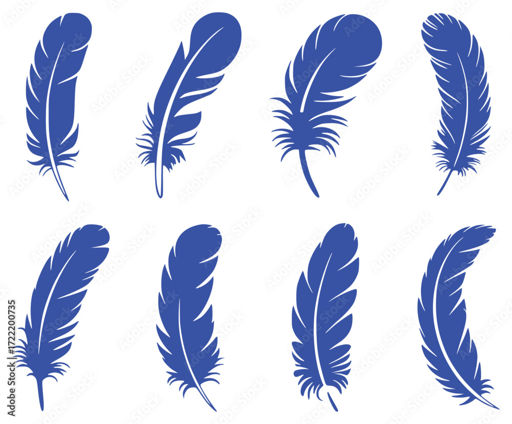 Obraz premium Collection of Blue Feather Silhouettes on White Background