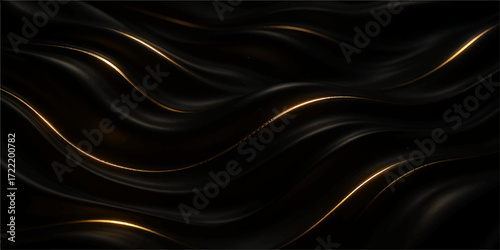 Luxury smooth flowing black and dark brown silk and satin fabric with a wave design texture for a soft light backdrop