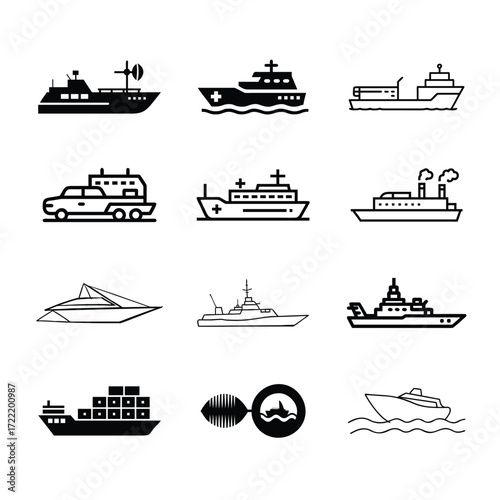 A nautical vector illustration featuring a set of black silhouettes of various vessels, from cargo ships and tankers to cruise boats and sailboats, traveling on the sea