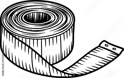 Black and white drawing of a coiled measuring tape tailor tape sewing tool