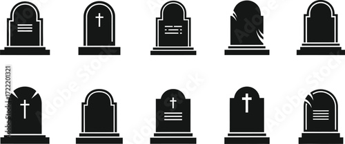 Gravestones, tombstones, headstones cemetery icon set silhouette editable vector illustration 