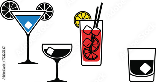 Summer glass of cocktail, gin and tonic. Martini glass, coupe glass, highball glass, rock glass, tall Redtail cocktails and drinkware icon set editable vector illustration 