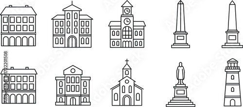iconic landmarks and buildings from around the world. Famous monuments Eiffel tower, lighthouse, historic, capitol building, church and others editable vector illustration icons