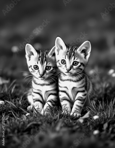 Two playful kittens sitting together in a grassy field