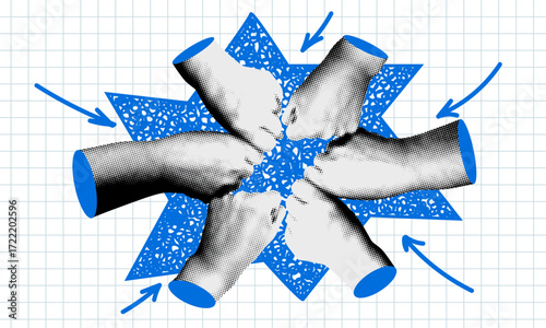 Teamwork concept. Fist bump. Friendly greeting. Modern collage. Team building. Creative collaboration. Employee meeting for motivation. Partnership with support. Team synergy