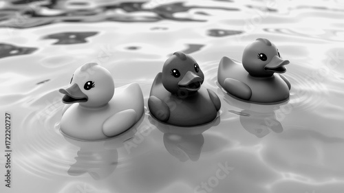 Colorful rubber ducks floating in calm water on a sunny day