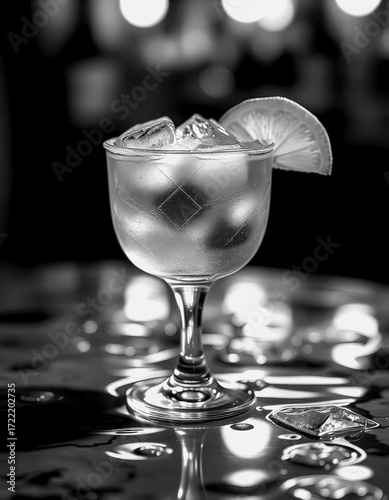 Refreshing cocktail served in a glass with ice and lemon slice