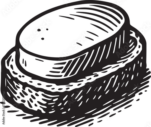 Linocut woodblock style black and white illustration of foie gras served on rustic bread slice, gourmet engraving vector for culinary, restaurant and food design