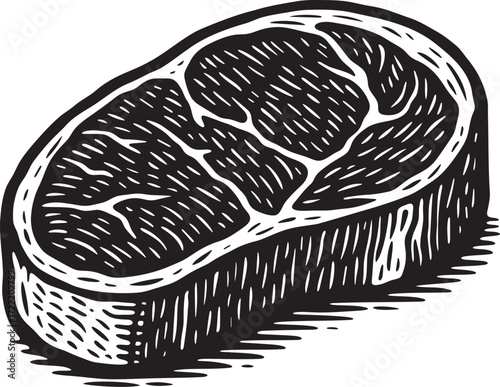 Black and white linocut illustration of marbled steak cut, engraved woodcut vector food art for butcher shop, restaurant menu, packaging and culinary design