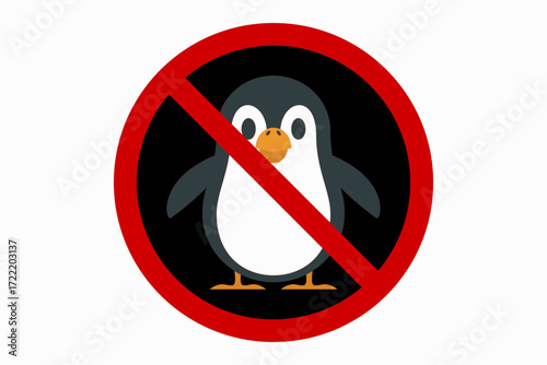 Vector illustration of prohibition sign with penguin inside red circle. Concept of no penguins, ban on animals, restricted species, warning symbol, and endangered animals.