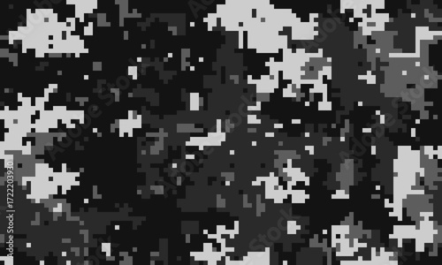 Abstract grayscale digital camouflage pattern.  Ideal for backgrounds, textures, or modern design projects needing a stealthy, pixelated aesthetic.