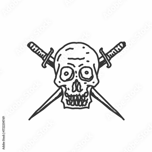 skull with crossed swords, hand drawn bold outline style vector design . Perfect for streetwear, stickers, or edgy tattoo art