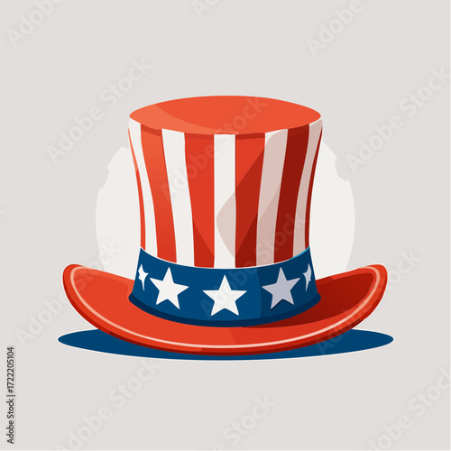 A cartoon illustration of an Uncle Sam top hat with the American flag stars and stripes design.