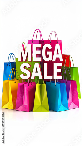Vibrant 3D Mega Sale Typography Surrounded by Colorful Retail Shopping Bags on White Background