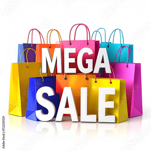 Vibrant 3D Mega Sale Typography Surrounded by Colorful Retail Shopping Bags on White Background