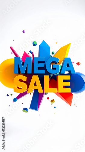 Vivid 3D Mega Sale Typography Exploding with Abstract Geometric Shapes on Clean White Background