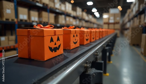 halloween gift box packages seamlessly moving along a conveyor belt in a warehouse  created with generative ai