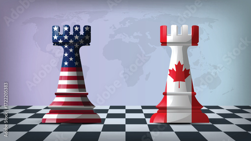 Two Standing Rooks Representing USA vs Canada with Flags on Bodies and World Map in Background