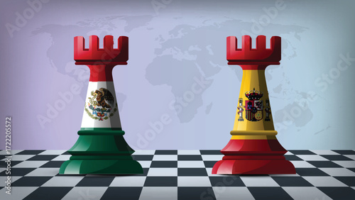 Two Standing Rooks Representing Mexico vs Spain with Flags on Bodies and World Map in Background