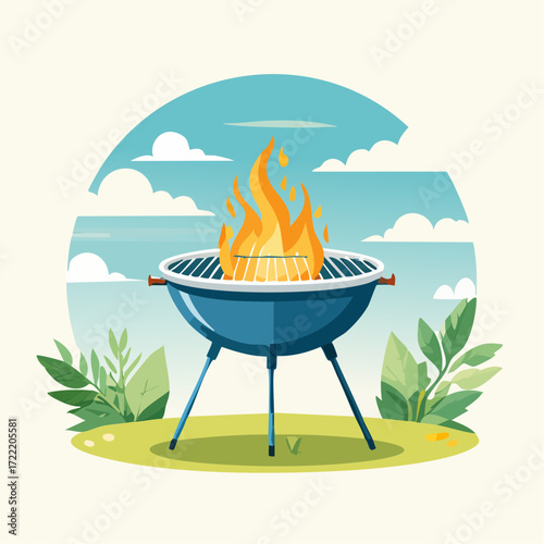 Blue barbecue grill with fire, outdoors on a sunny day.