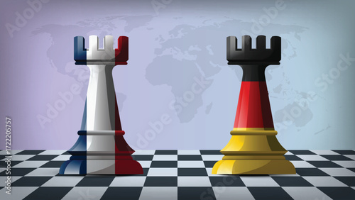 Two Standing Rooks Representing France vs Germany with Flags on Bodies and World Map in Background