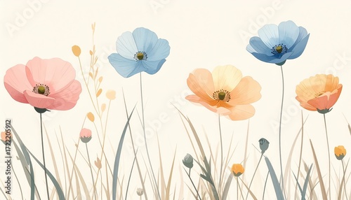 Blooming Watercolor Poppies: A gentle and vibrant watercolor painting presents a collection of delicate poppies in soft pastel hues, evoking feelings of serenity and artistic beauty. 
