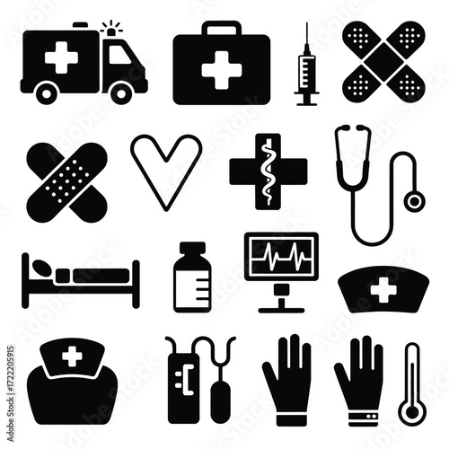Modern Medical Vector Icons, Healthcare UI Elements, Emergency & First Aid Symbols, Hospital & Doctor Tools, Clean Minimal Design, Trusted Medical Illustrations