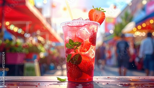 Strawberry Delight: A refreshing strawberry concoction, brimming with vibrant red hues, sits enticingly on a table, beckoning you to indulge in its fruity, cool charm.