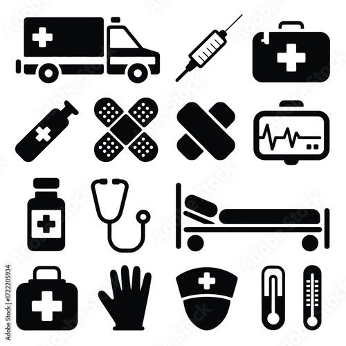 Modern Medical Vector Icons, Healthcare UI Elements, Emergency & First Aid Symbols, Hospital & Doctor Tools, Clean Minimal Design, Trusted Medical Illustrations
