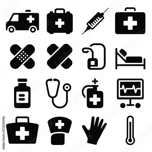 Minimalist Medical Icons Set, Healthcare & Emergency Symbols, High-Quality Vector Graphics for Doctors, Hospitals, Clinics, First Aid, Digital Health, Trustworthy Design