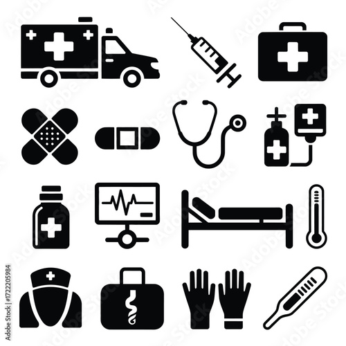 Minimalist Medical Icons Set, Healthcare & Emergency Symbols, High-Quality Vector Graphics for Doctors, Hospitals, Clinics, First Aid, Digital Health, Trustworthy Design