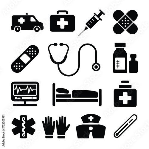 Minimalist Medical Icons Set, Healthcare & Emergency Symbols, High-Quality Vector Graphics for Doctors, Hospitals, Clinics, First Aid, Digital Health, Trustworthy Design